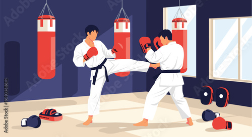Two martial artists practicing karate kicks and blocks in a dojo, with one fighter training with a partner holding punch pads.