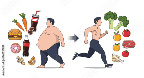 Before and after concept showing a man's transformation from an unhealthy lifestyle with junk food to a fit, active one with exercise.