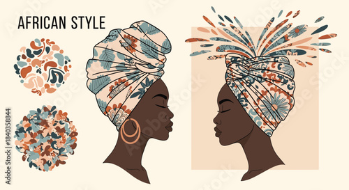 Beautiful illustrations of Black women in profile wearing colorful, patterned headwraps, celebrating traditional African style and beauty.