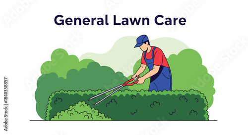 Professional gardener in uniform providing general lawn care services, meticulously trimming a large green hedge with pruning shears.