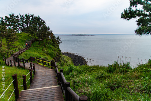 wooden promenade on the seaside hill at Songaksan in Jeju Island, South Korea