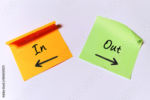 In and Out written on sticky notes with arrows, illustrating the opposing concepts of direction, inclusion, exclusion, or status.