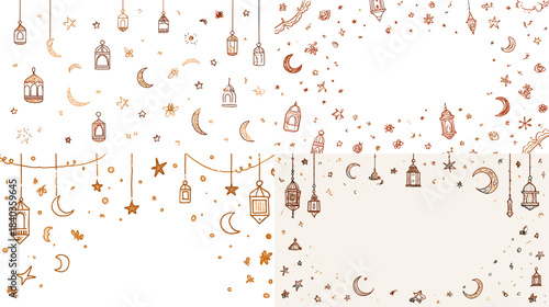 Elegant Ramadan themed illustration featuring lanterns, moons, stars, and decorative elements. Perfect for festive greetings, invitations, celebrations, and cultural design projects.