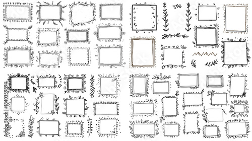 Collection of hand drawn decorative frames with sketchy floral and geometric elements. Ideal for invitations, scrapbooking, greeting cards, borders, and creative design projects.