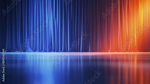 Vibrant theater stage design with blue and orange curtains creating dramatic atmosphere, perfect for performances