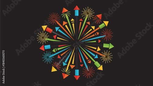 Colorful fireworks exploding in a circular pattern against a dark background, symbolizing celebration and festivity.