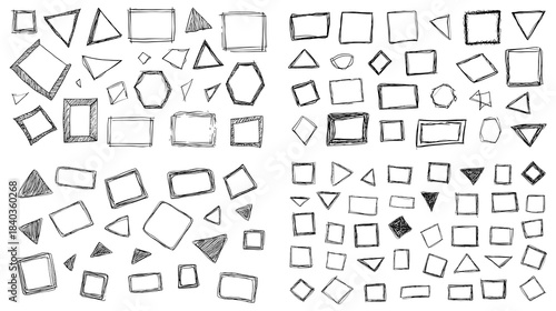 Hand drawn geometric shapes including squares, triangles, and polygons in sketch style. Ideal for education materials, design elements, doodles, backgrounds, and creative projects.