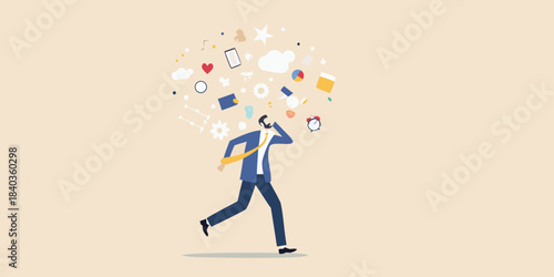 Overwhelmed businessman running with a head full of thoughts and digital icons