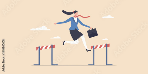 Businesswoman leaping over hurdles symbolizing overcoming challenges and achieving success