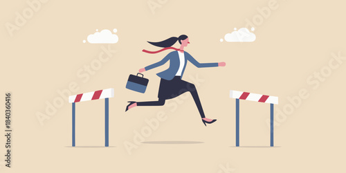 Businesswoman confidently jumps over hurdles symbolizing overcoming challenges in work