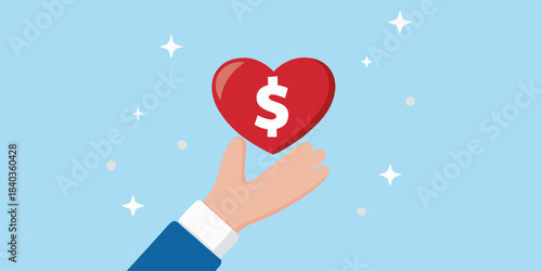 A hand reaching for a red heart with a dollar sign inside