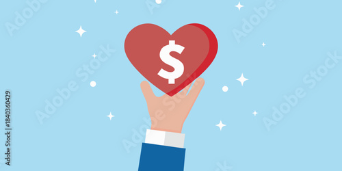 A hand offering a red heart with a dollar sign inside