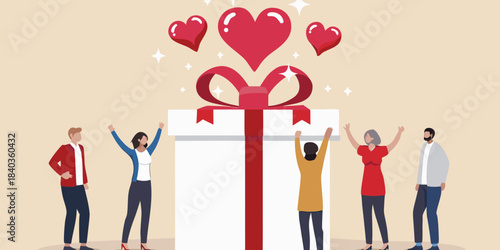 Celebration with a large gift and hearts floating above excited people