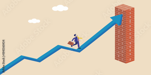 A businessman climbs a staircase leading to a brick wall with an upward trend