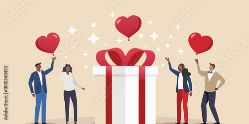 People celebrating with hearts and a gift expressing love and appreciation