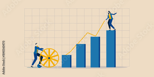 Teamwork and growth people collaborating to elevate success on a chart