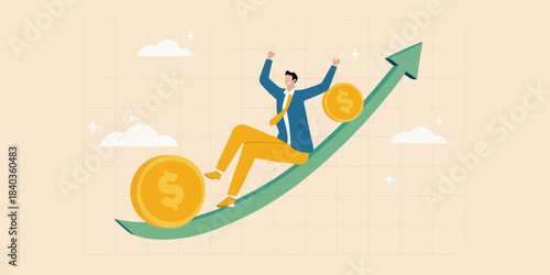 A man riding an arrow made of coins symbolizing financial success