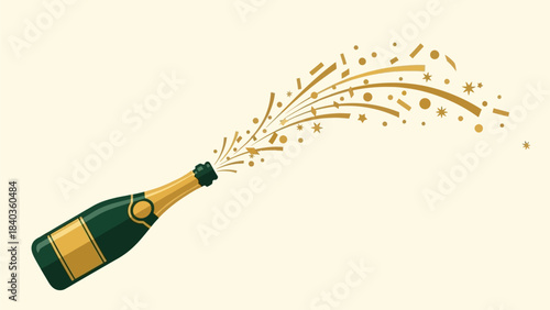 A vibrant illustration of a green champagne bottle popping open, releasing a celebratory golden splash of bubbles and confetti against a light background.