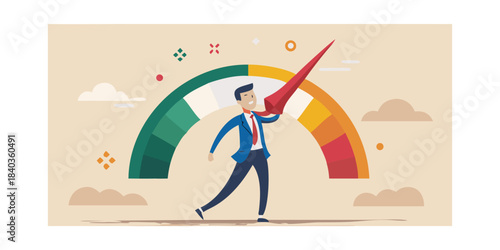 A businessman pushing a gauge indicator towards the green successful zone