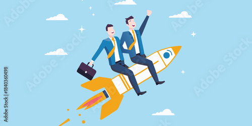 Two businessmen celebrate success riding a rocket into a bright blue sky