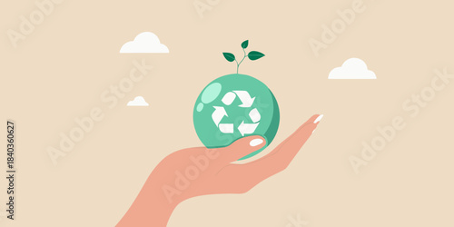 A hand gently holds an egg with a recycling symbol and sprouting leaves
