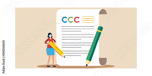 A woman reviewing a document with a pencil and measuring tape nearby