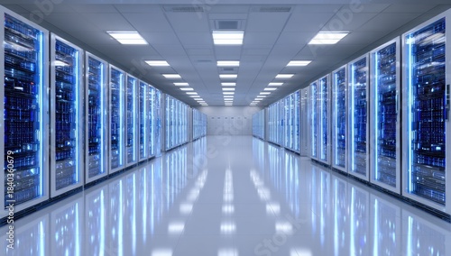 Data center corridor with rows of servers, reflective floor, blue lights