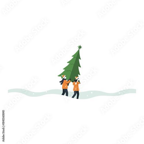 Two people dressed warmly in winter clothing carrying a decorated Christmas tree through a snowy landscape