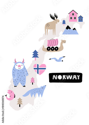 Cute Norway Map with Scandinavian Icons. Vector Illustration for Posters, Stickers, and Travel Designs