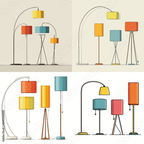 Stylish collection of modern floor lamps in bright colors and sleek shapes. Contemporary interior decor illustration ideal for catalogs, home design concepts, posters, and creative layouts.