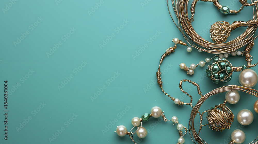 Naklejka premium Artistic jewelry featuring unique designs, pearls, and intricate wirework on teal background evokes creativity and elegance