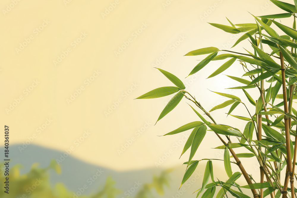 Fototapeta premium Bamboo leaves gently sway against soft sunset backdrop, creating serene and peaceful atmosphere