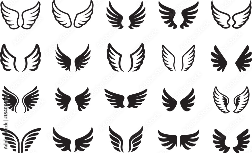 Fototapeta premium Wing Silhouette Collection Featuring Angel Wings, Bird Wings, Feathered Wing Icons, and Symmetrical Flying Designs in Black Vector Style 