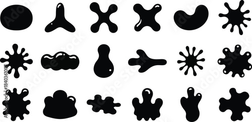 Abstract black ink splatter shapes isolated on white background