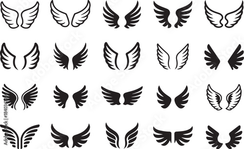 Wing Silhouette Collection Featuring Angel Wings, Bird Wings, Feathered Wing Icons, and Symmetrical Flying Designs in Black Vector Style
