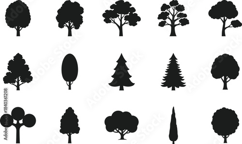 Collection of black silhouette trees in various shapes and sizes