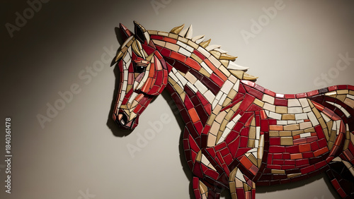 Mosaic Tile Art of Colorful Horse Head on Beige Wall