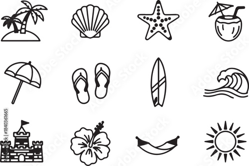Collection of fifteen black and white line art summer vacation icons