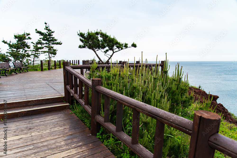 Obraz premium wooden bench and floor on the seaside hill