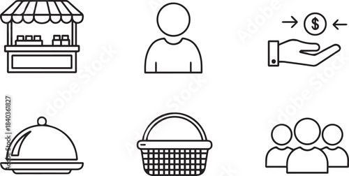 E-commerce and Retail Icons Keywords: e-commerce, retail, market, stall, vendor, person, user