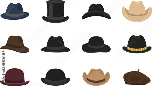 Collection of various stylish hats isolated on white background