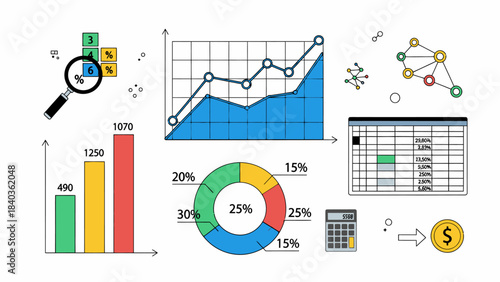 Business and Financial Data Analysis: Vector Graphic Icon Set of Diagrams, Charts, Networks and Statistical Calculations