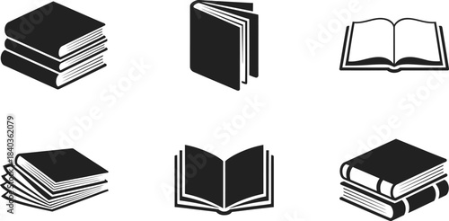 Black and white book icons stacked and open designs