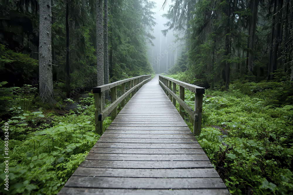 Obraz premium Serene path in pine forest surrounded by lush greenery and mist, inviting exploration and tranquility