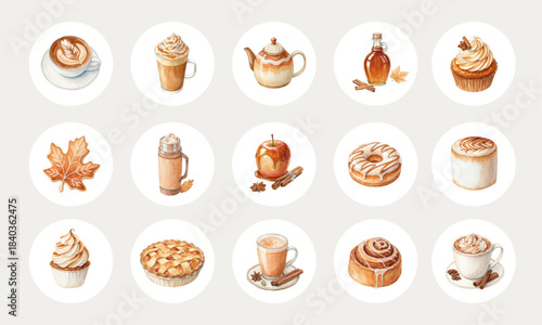 Watercolor Autumn Cafe Icons with Spice, Coffee, and Dessert Set