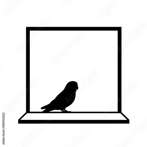 Budgie silhouette inside open window frame scene vector illustration