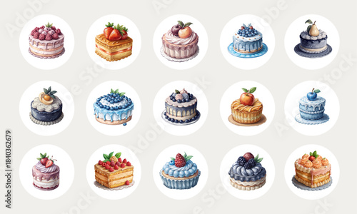 Watercolor Collection of Various Layer Cakes and Fruit Desserts