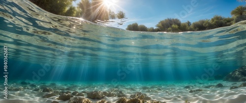 The water is clear, revealing small rocks or coral scattered on the white sand.