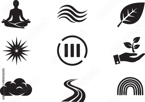 Nine black icons representing nature and wellness on white background