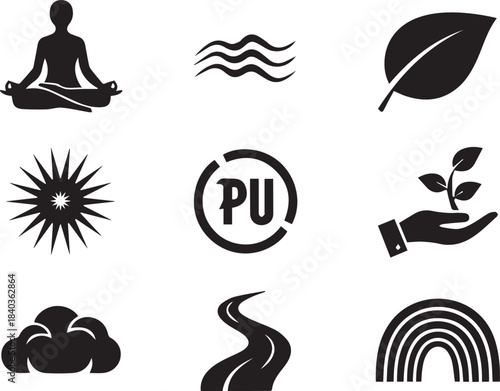 Nine black icons representing nature and wellness on white background